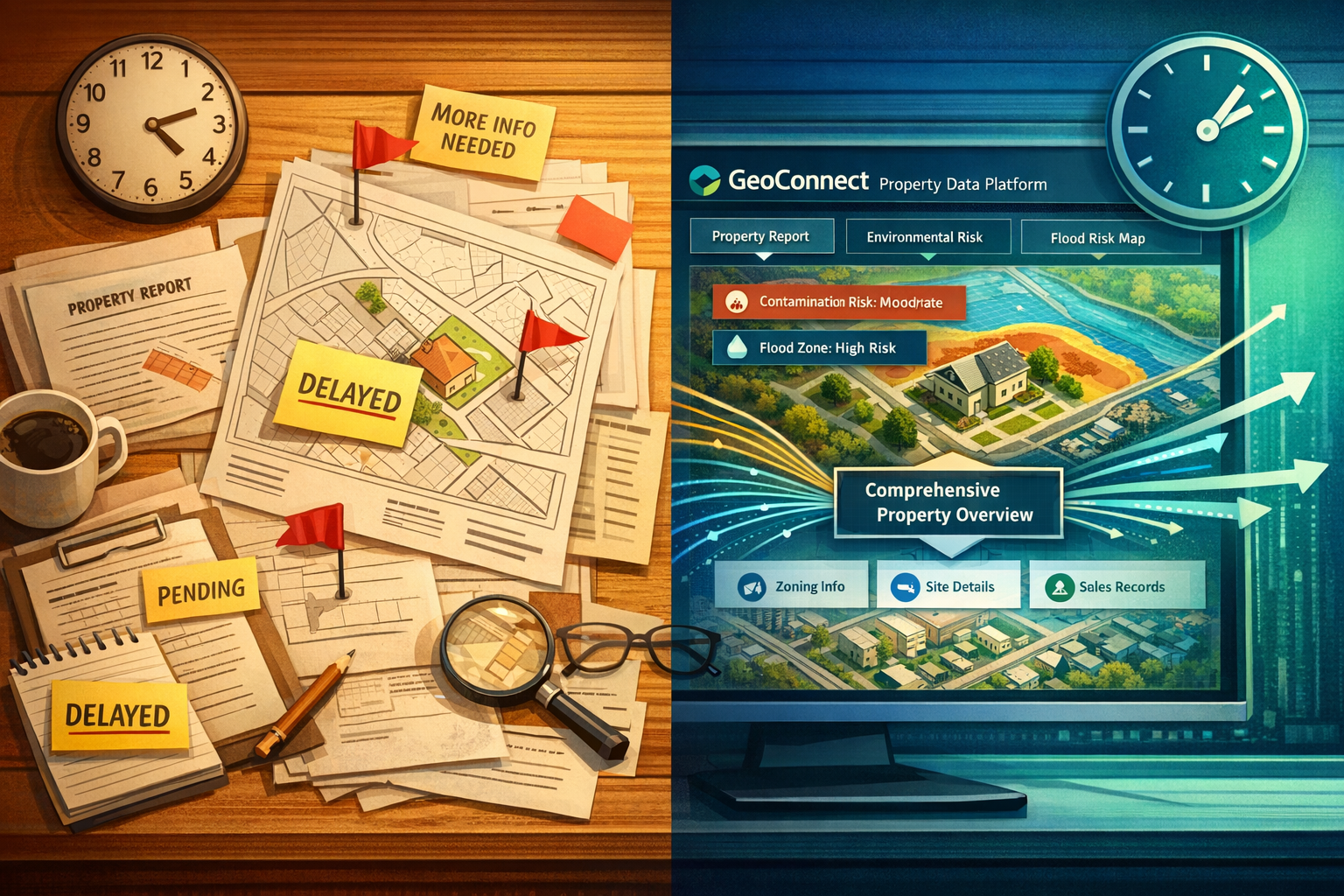 Detailed () image showing split-screen composition: left side displays traditional paper-based property survey documents