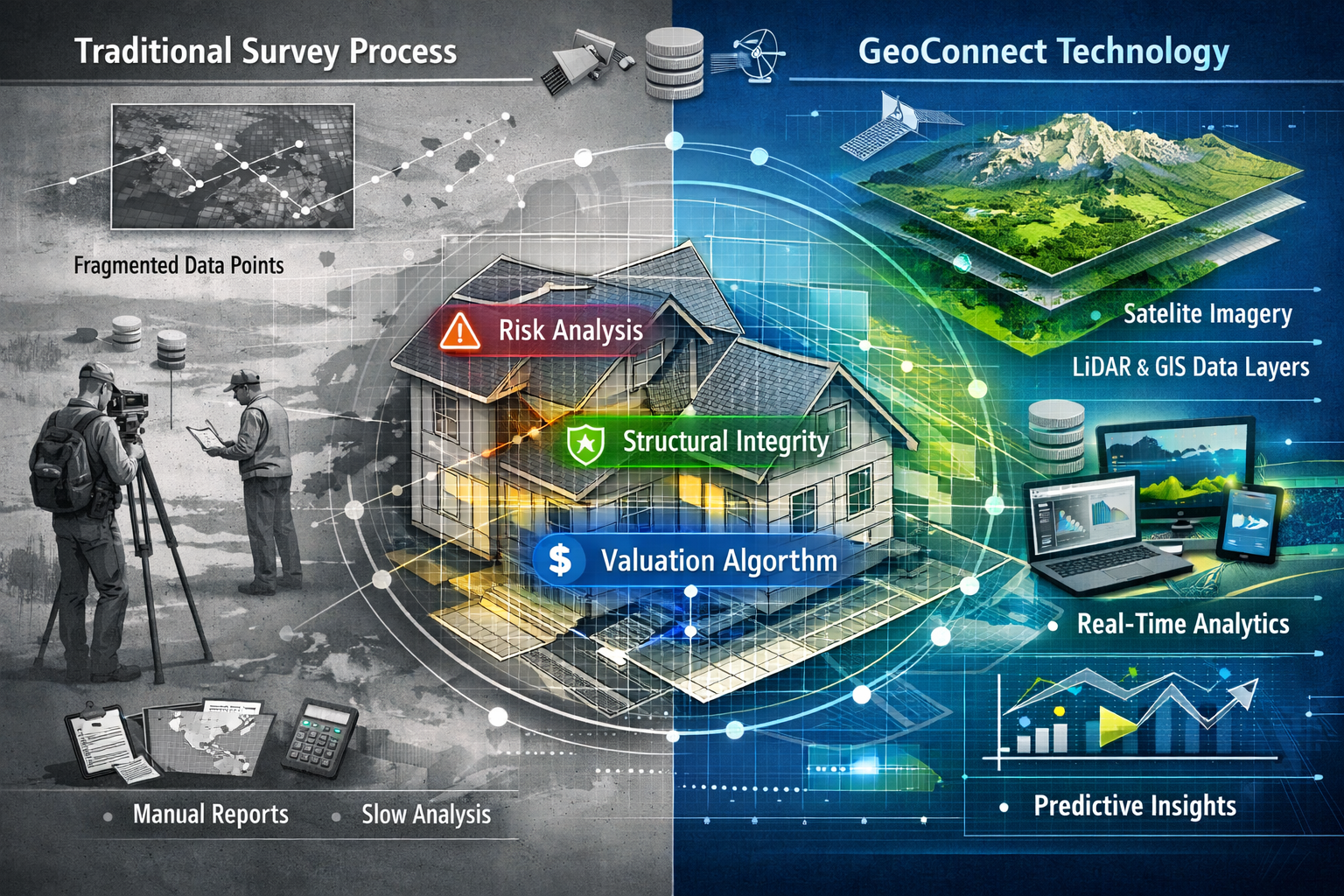 A sophisticated split-screen infographic visualizing complex property valuation scenarios using GeoConnect tools. Left side