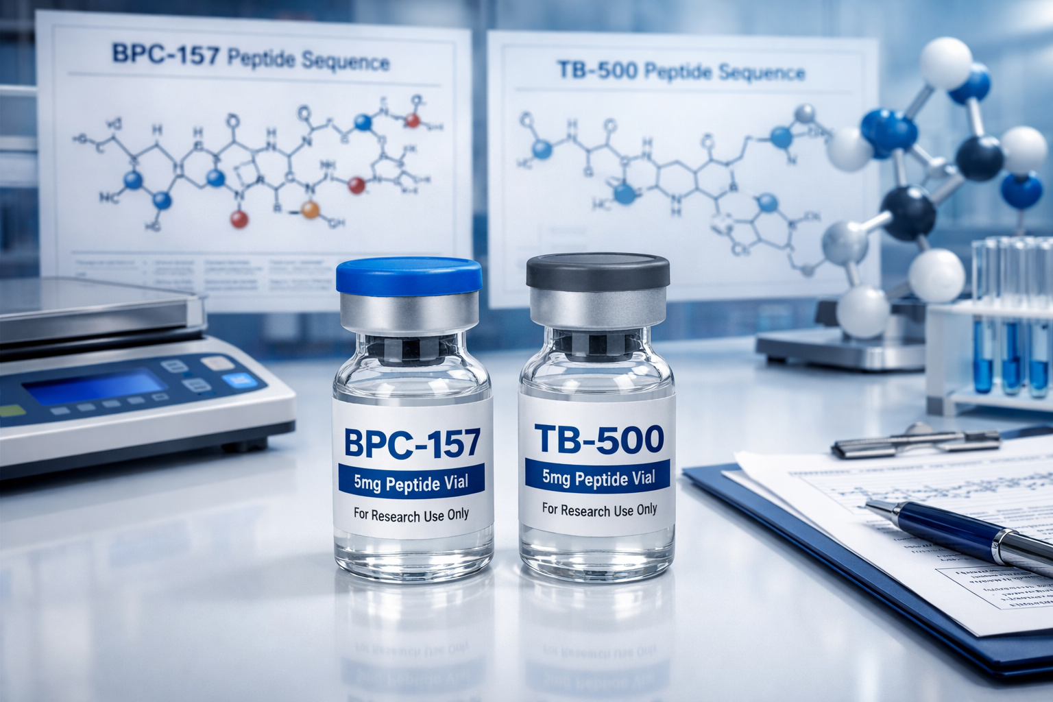 Scientific laboratory scene showing BPC-157 and TB-500 peptide vials on clean white surface with molecular structure diagrams in background,