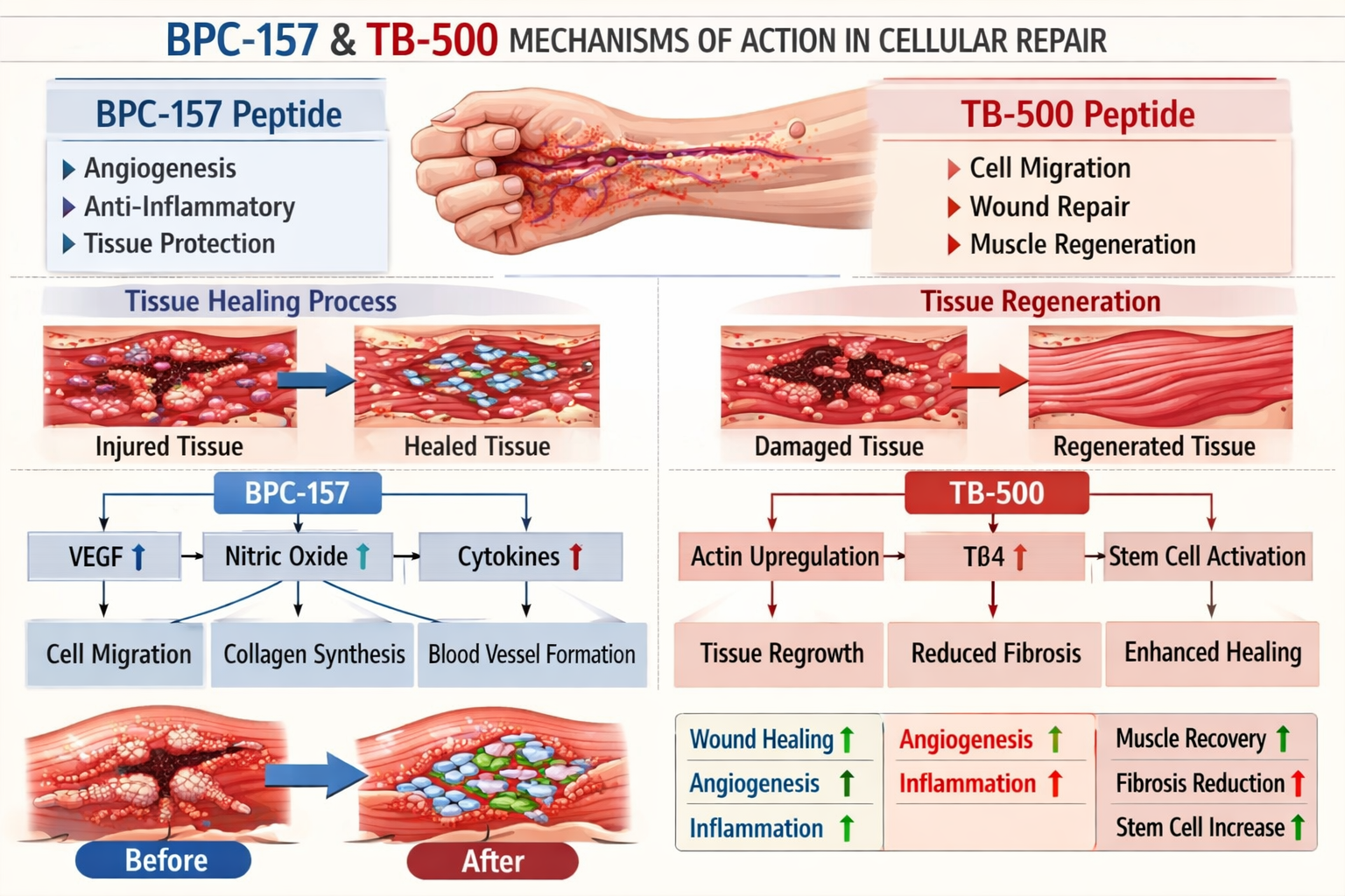 Detailed infographic illustration showing BPC-157 and TB-500 mechanisms of action in cellular repair, with anatomical diagrams of tissue hea