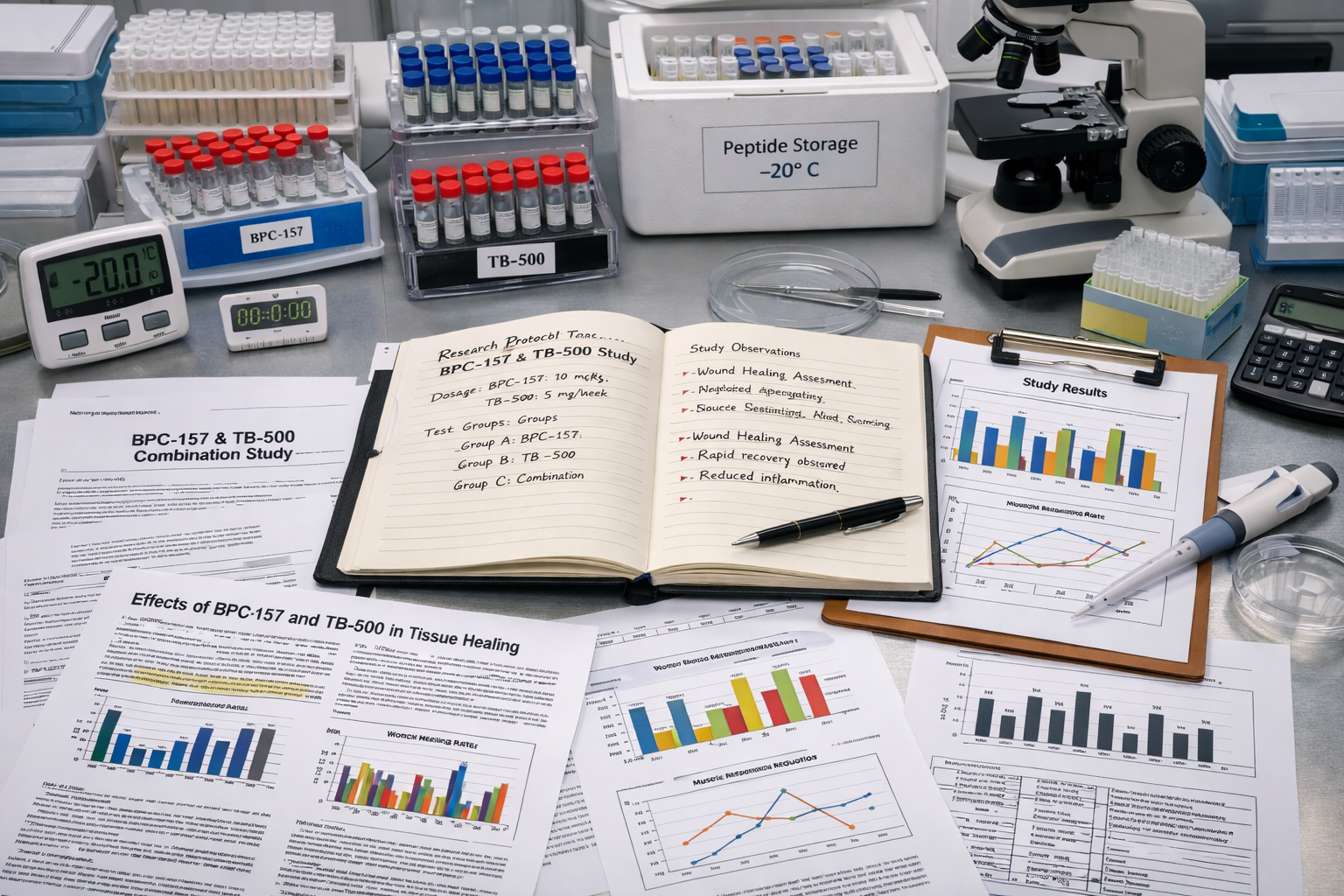 Professional research protocol workspace featuring BPC-157 TB-500 combination studies, scientific papers spread on desk, data charts showing