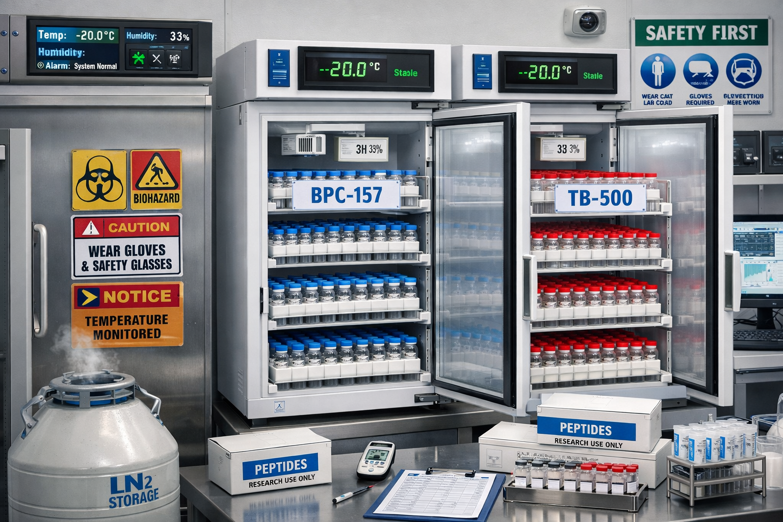 High-quality scientific storage facility showing proper peptide preservation methods, temperature-controlled cabinets, labeled BPC-157 and T