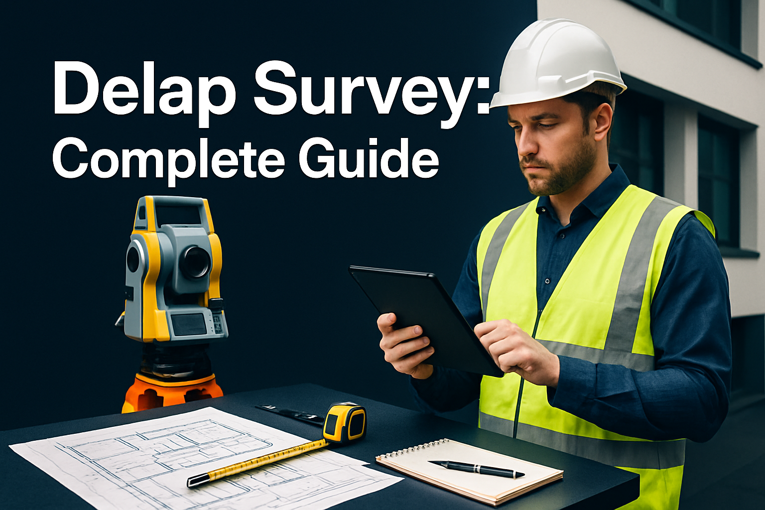 Professional landscape hero image (1536x1024) with bold text overlay 'Delap Survey: Complete Guide' in 72pt white sans-serif font with dark 