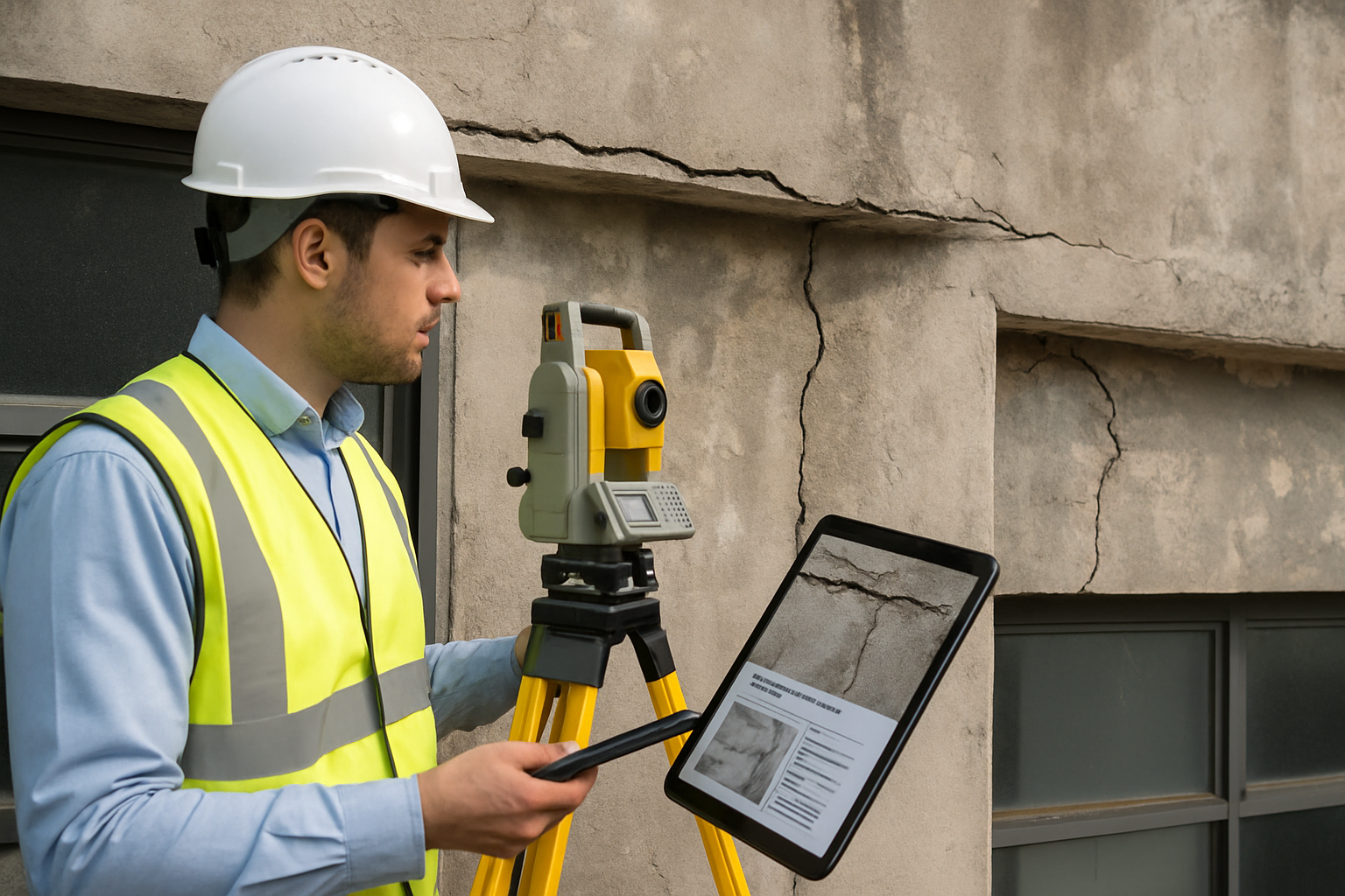 Detailed landscape image (1536x1024) showing professional surveyor conducting delap survey inspection of commercial building exterior, exami