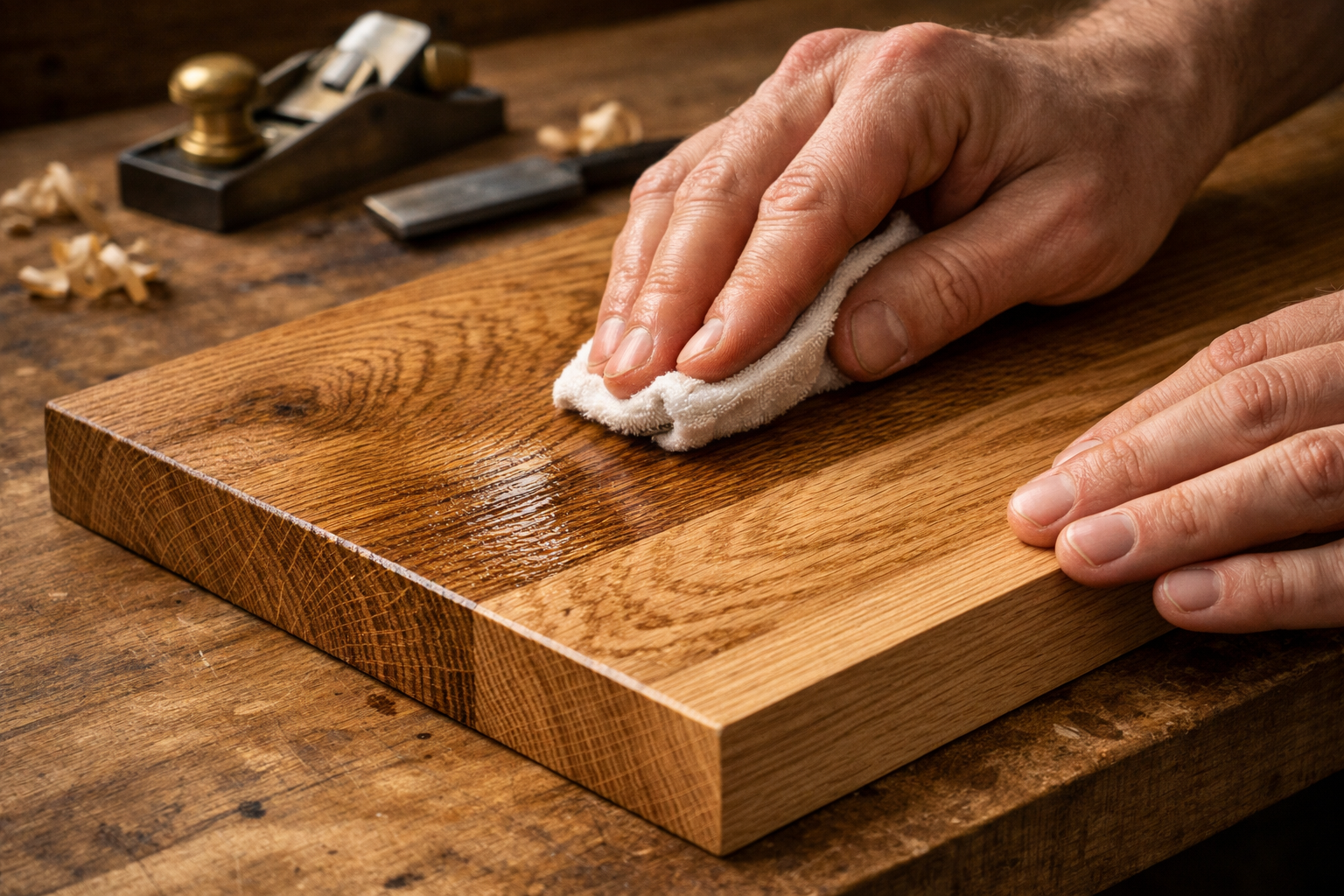 An artistic landscape format (1536x1024) image showcasing a close-up of a woodworker's hands applying a natural oil finish to a piece of sol