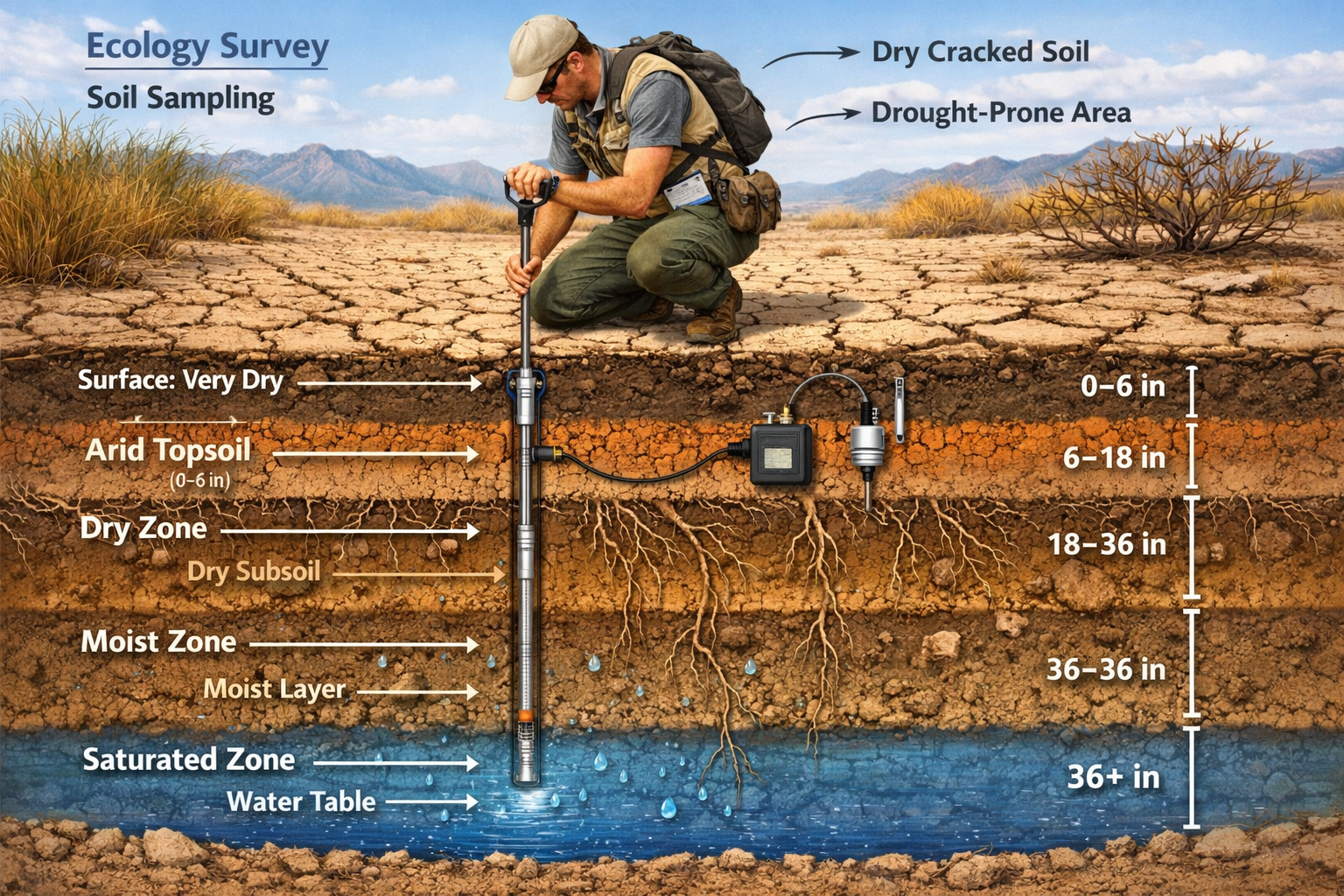 () detailed illustration showing ecology surveyor using hand-push soil auger probe in drought-vulnerable terrestrial