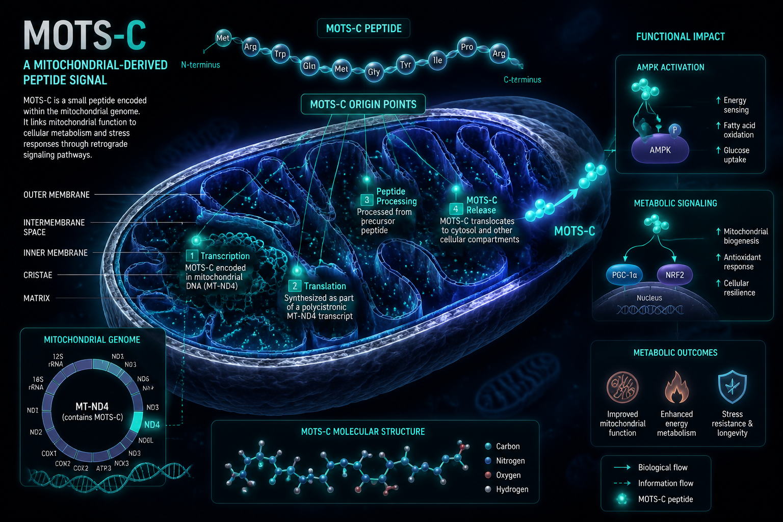 Detailed () scientific illustration showing a cross-section of a mitochondrion with labeled MOTS-C peptide origin points