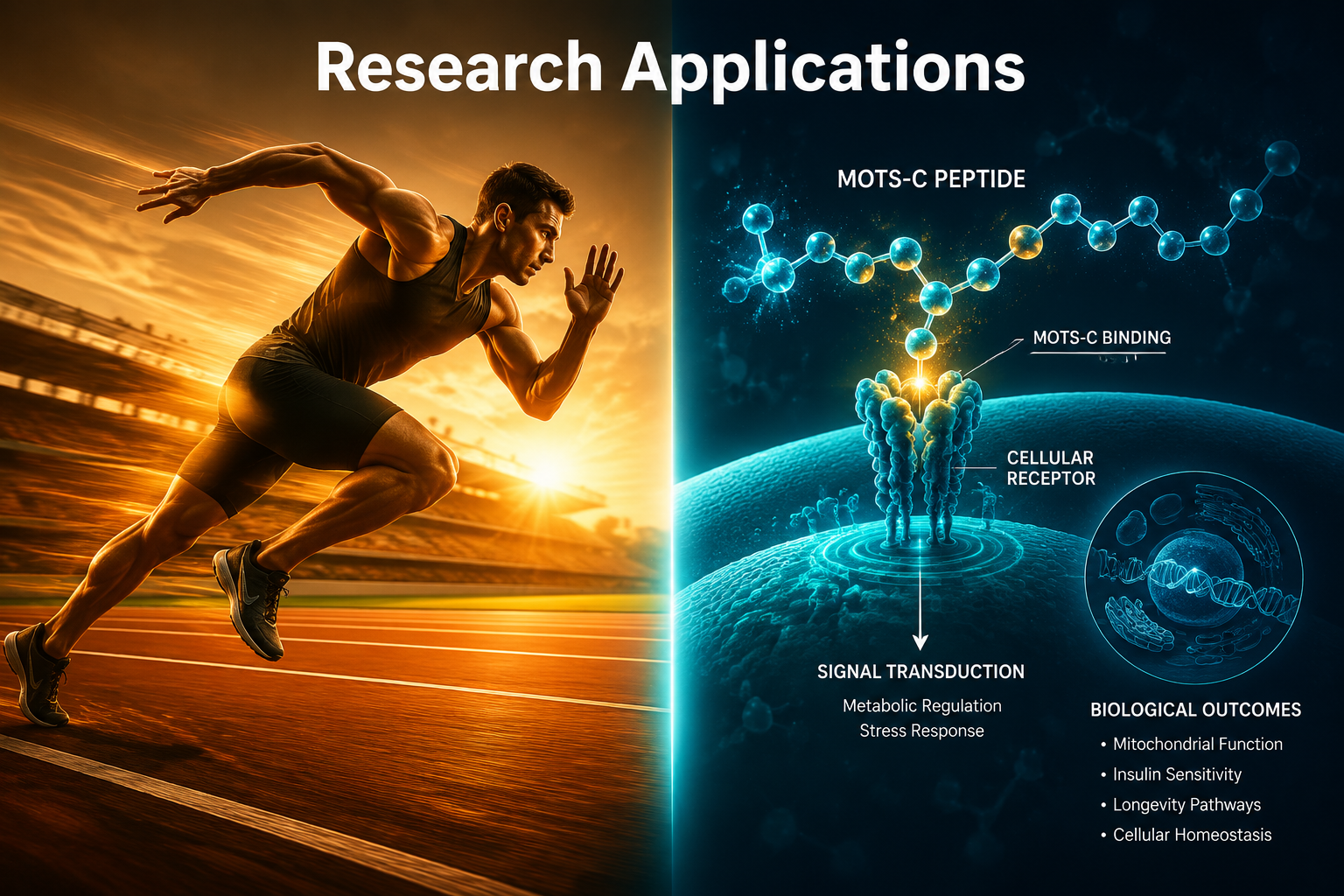 Detailed () showing a split-scene composition: left side features a fit athlete mid-sprint on a track with motion blur and
