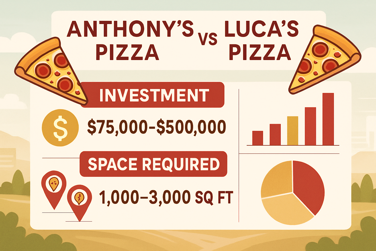Detailed landscape image showing pizza franchise comparison chart with Anthony and Lucas Pizza at the top, featuring investment costs from $