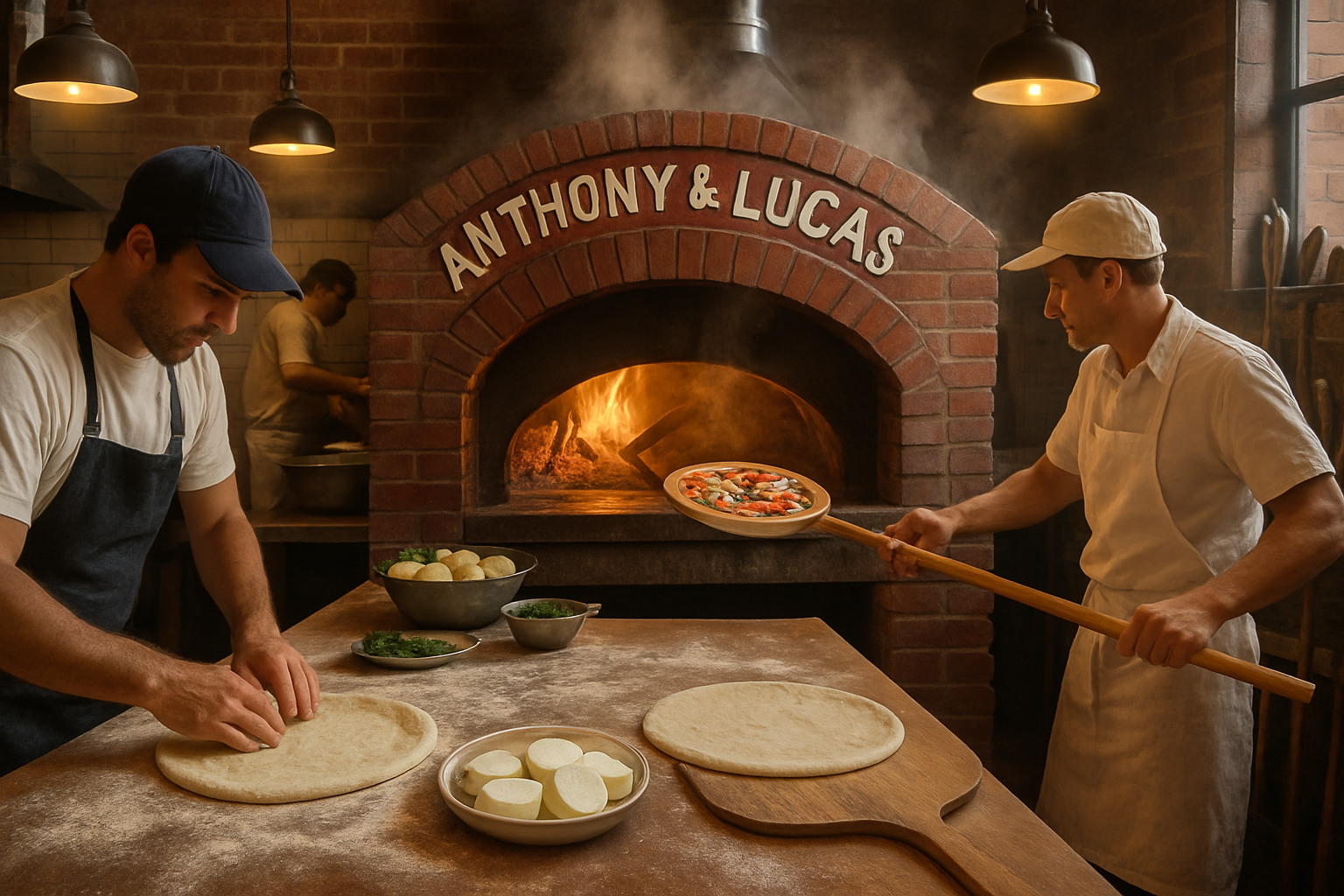 High-quality landscape photo of authentic New York style pizza kitchen featuring Brooklyn-made dough preparation, wood-fired ovens, fresh mo