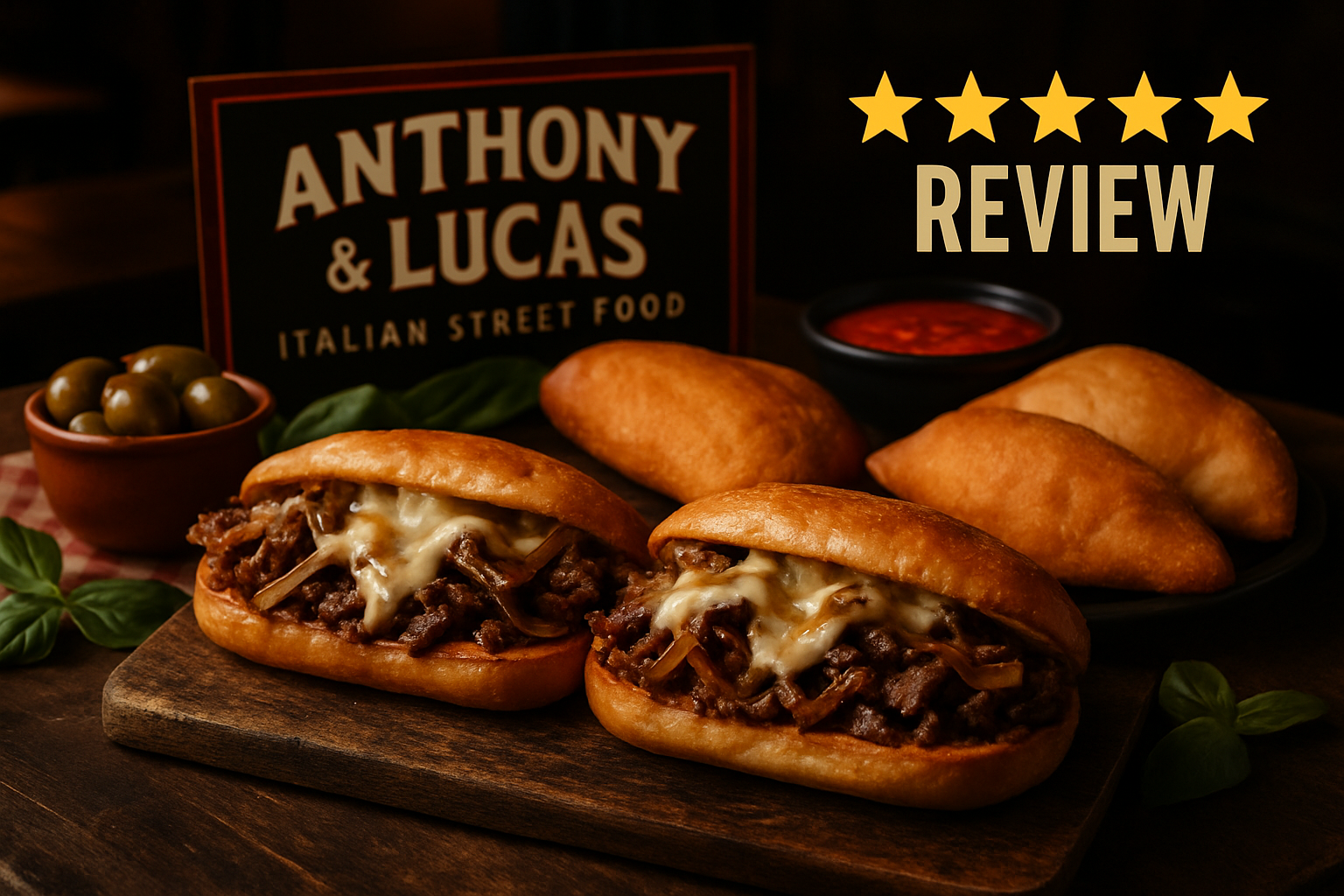 Appetizing landscape image showcasing signature ribeye cheesesteaks on toasted Sarcone rolls alongside panzerotti and Italian street food it