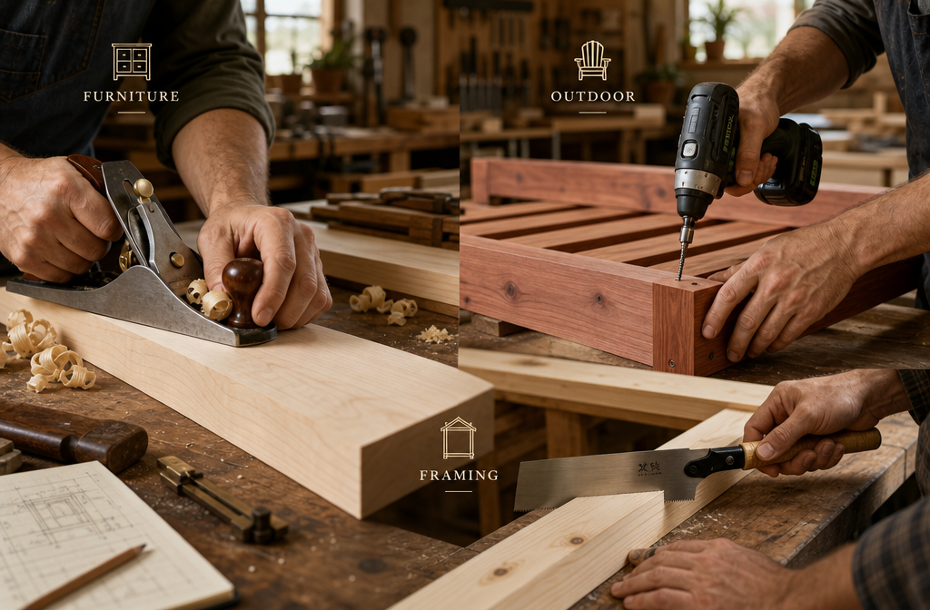 Detailed () image illustrating different woodworking applications, with hands holding various wood types appropriate for