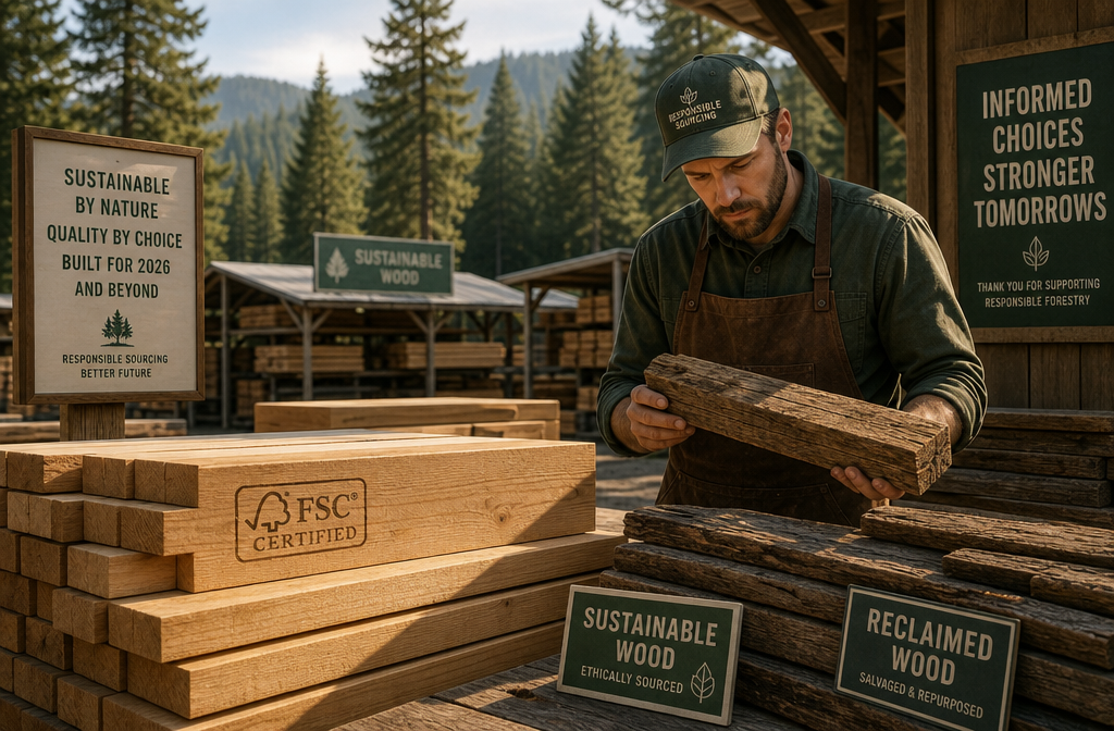 Detailed () image presenting a compelling visual of sustainably sourced lumber. The foreground shows a stack of ethically