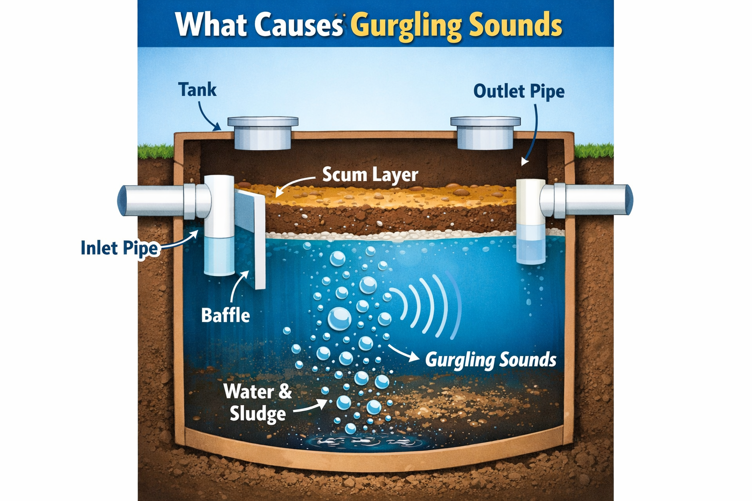 Portrait format (1024x1536) technical illustration showing septic tank cross-section with water levels, inlet/outlet pipes, and scum layer. 