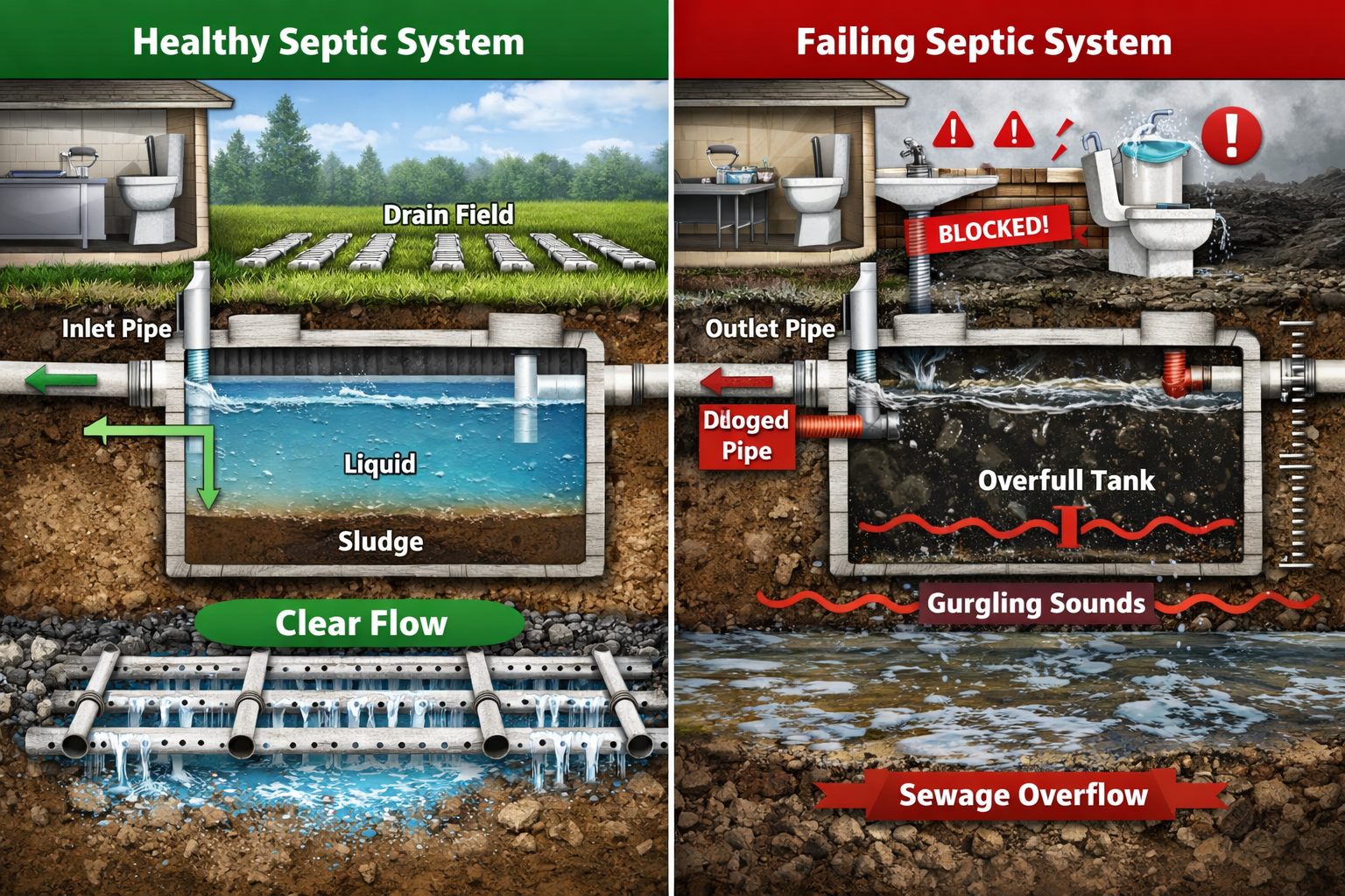 Portrait format (1024x1536) split-screen comparison showing healthy vs problematic septic system. Left side: clear water flow, proper levels