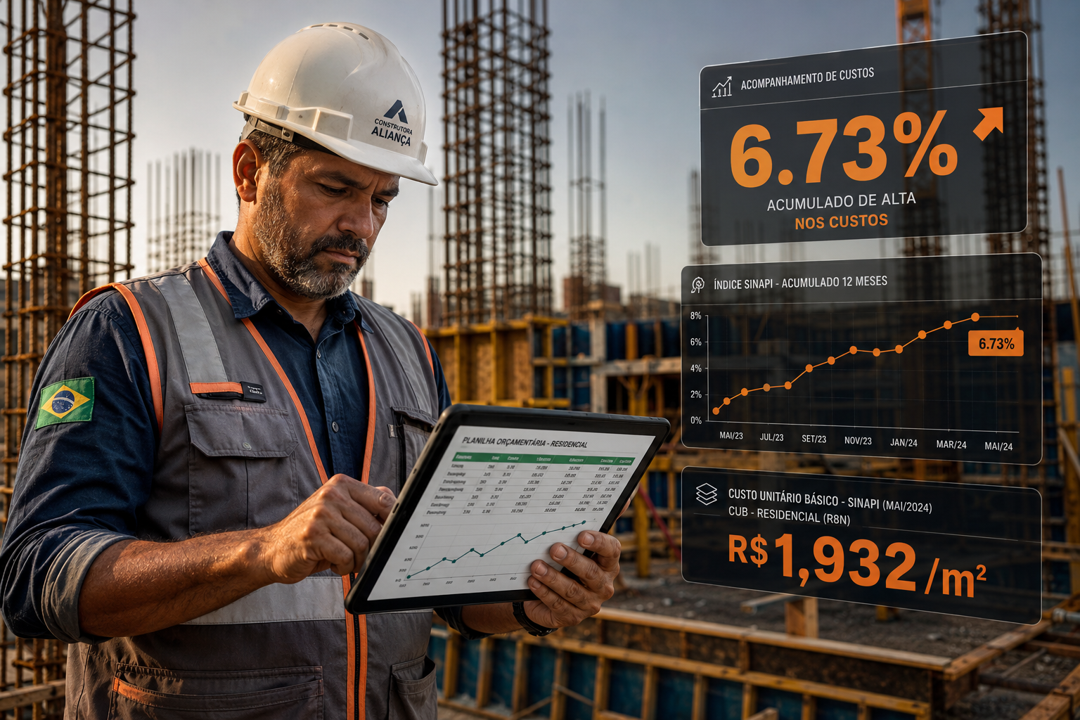Wide-angle editorial photograph of a Brazilian construction site foreman reviewing cost spreadsheets and SINAPI index charts