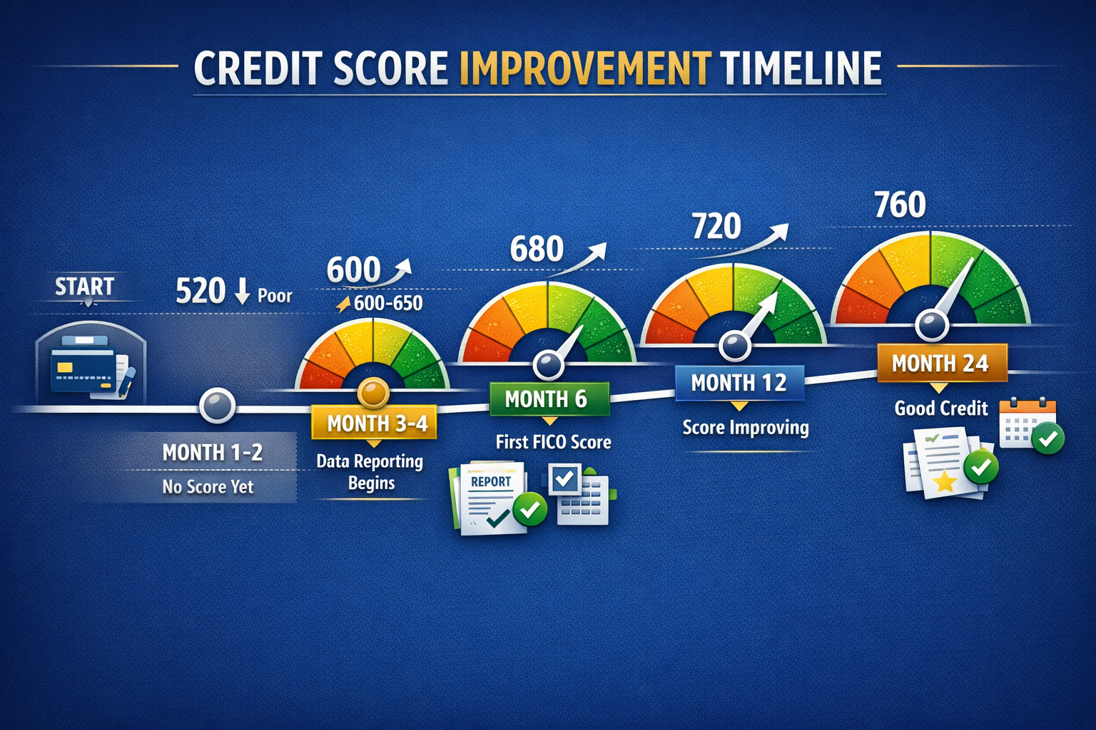 Cover image (3:2) Graphic showing a calendar timeline with a credit score meter rising: Month 1 → Month 3 → Month 6 → Month 12 → Month 24 Sc