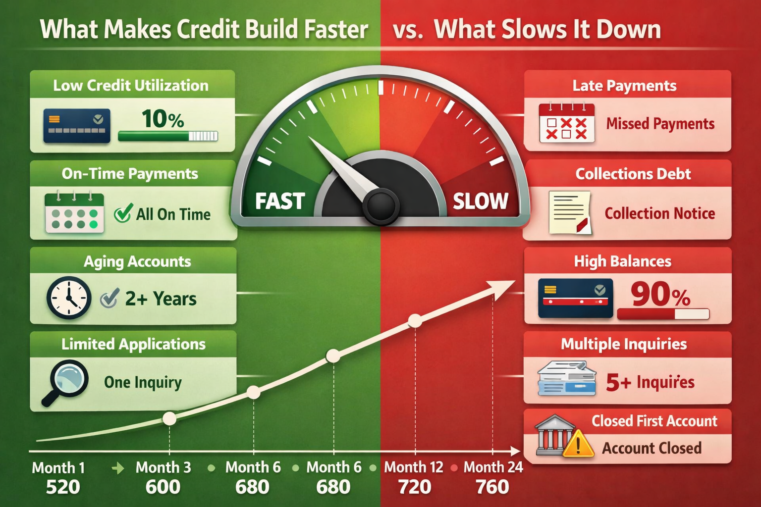 Cover image (3:2) Graphic showing a calendar timeline with a credit score meter rising: Month 1 → Month 3 → Month 6 → Month 12 → Month 24 Sc