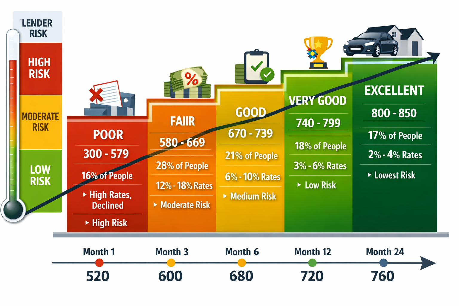 Cover image (3:2) Graphic showing a calendar timeline with a credit score meter rising: Month 1 → Month 3 → Month 6 → Month 12 → Month 24 Sc