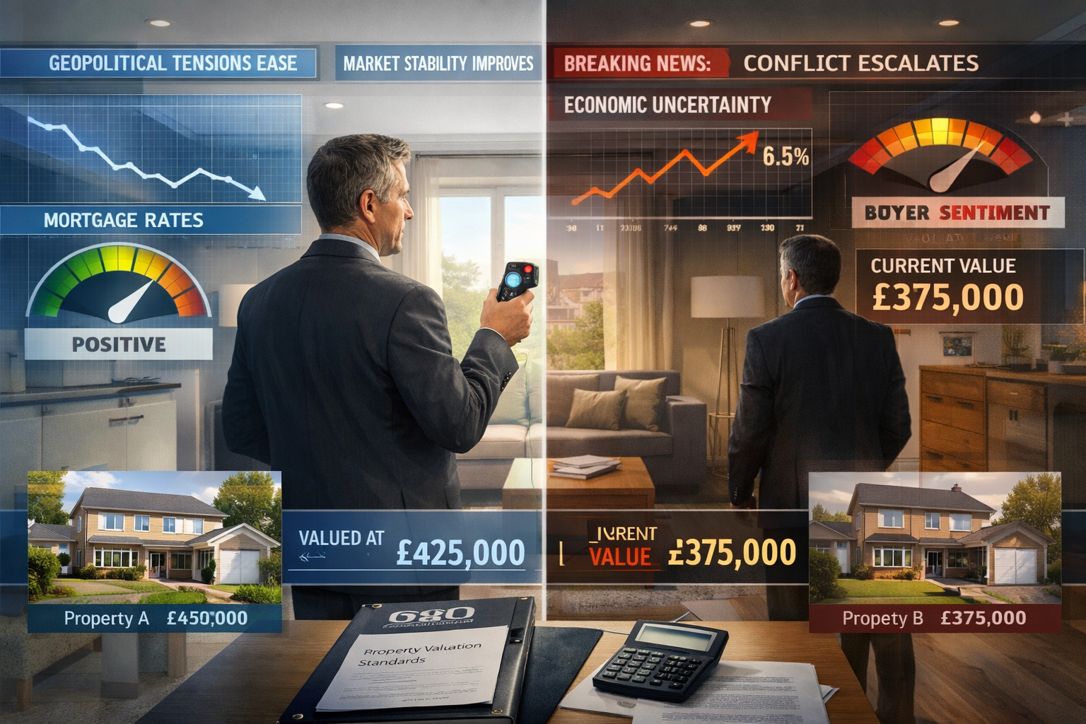 () conceptual illustration depicting building surveyor conducting property valuation assessment in volatile market