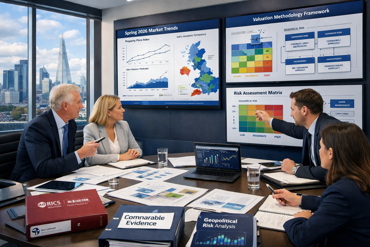() strategic planning scene showing surveying team collaboration around modern conference table covered with property
