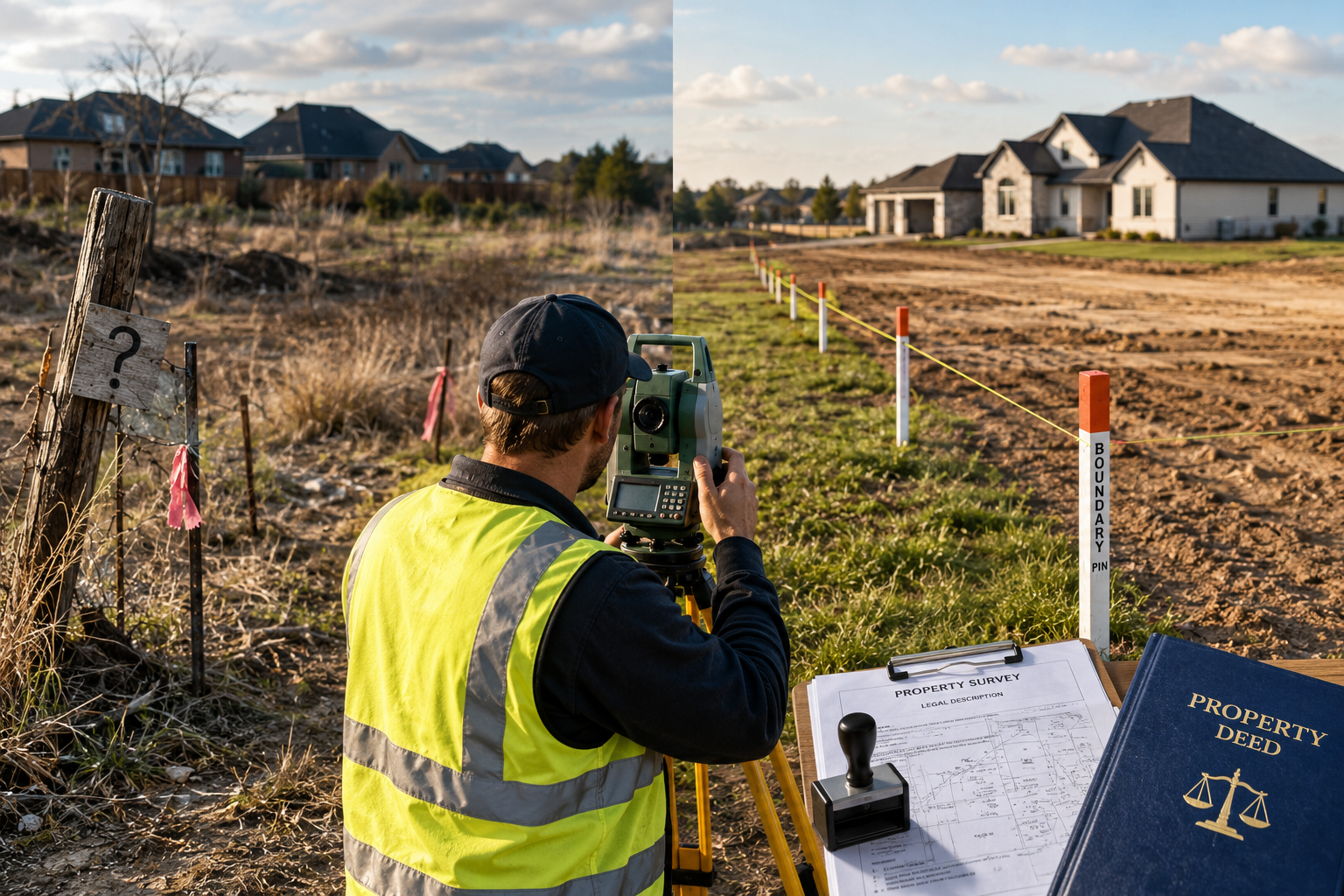 Detailed () showing a professional land surveyor using a total station theodolite instrument on a tripod at a property
