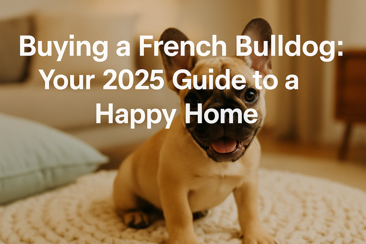 Professional landscape hero image (1536x1024) with bold text overlay: 'Buying a French Bulldog: Your 2025 Guide to a Happy Home', modern san