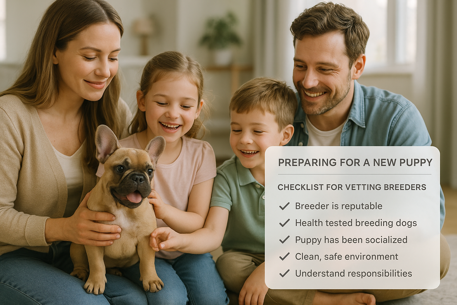 A beautifully composed scene illustrating a family interacting happily with a well-socialized French Bulldog puppy in a clean, spacious home