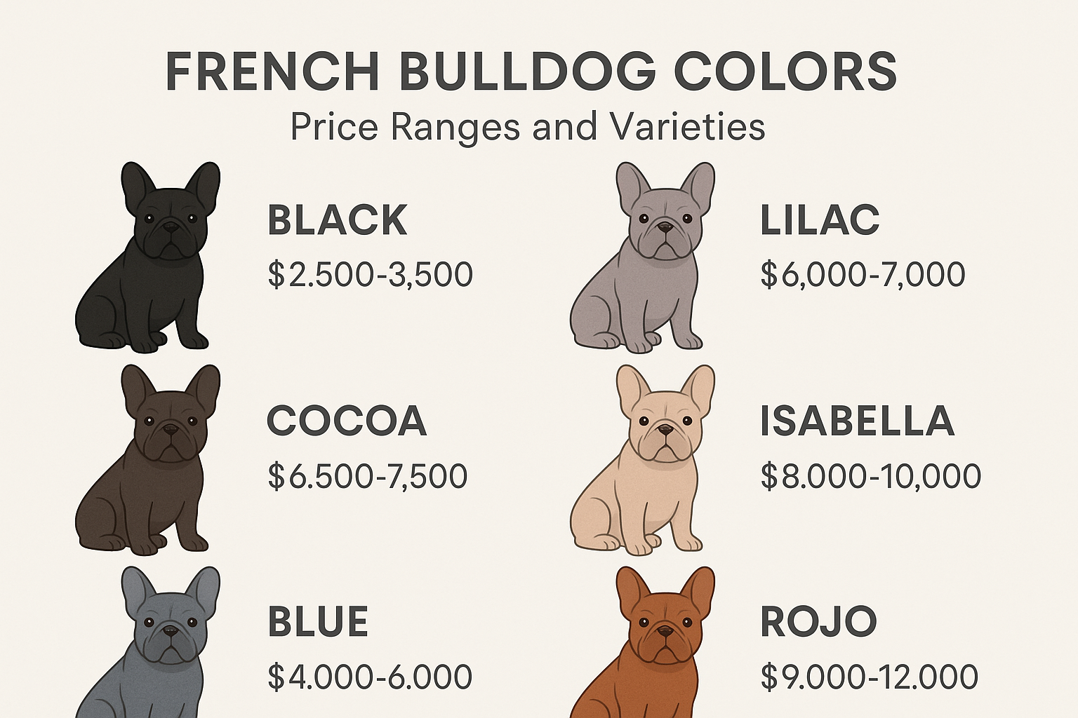 An informative infographic or diagram showcasing the different French Bulldog color varieties (black, cocoa, blue, lilac, Isabella, rojo) wi