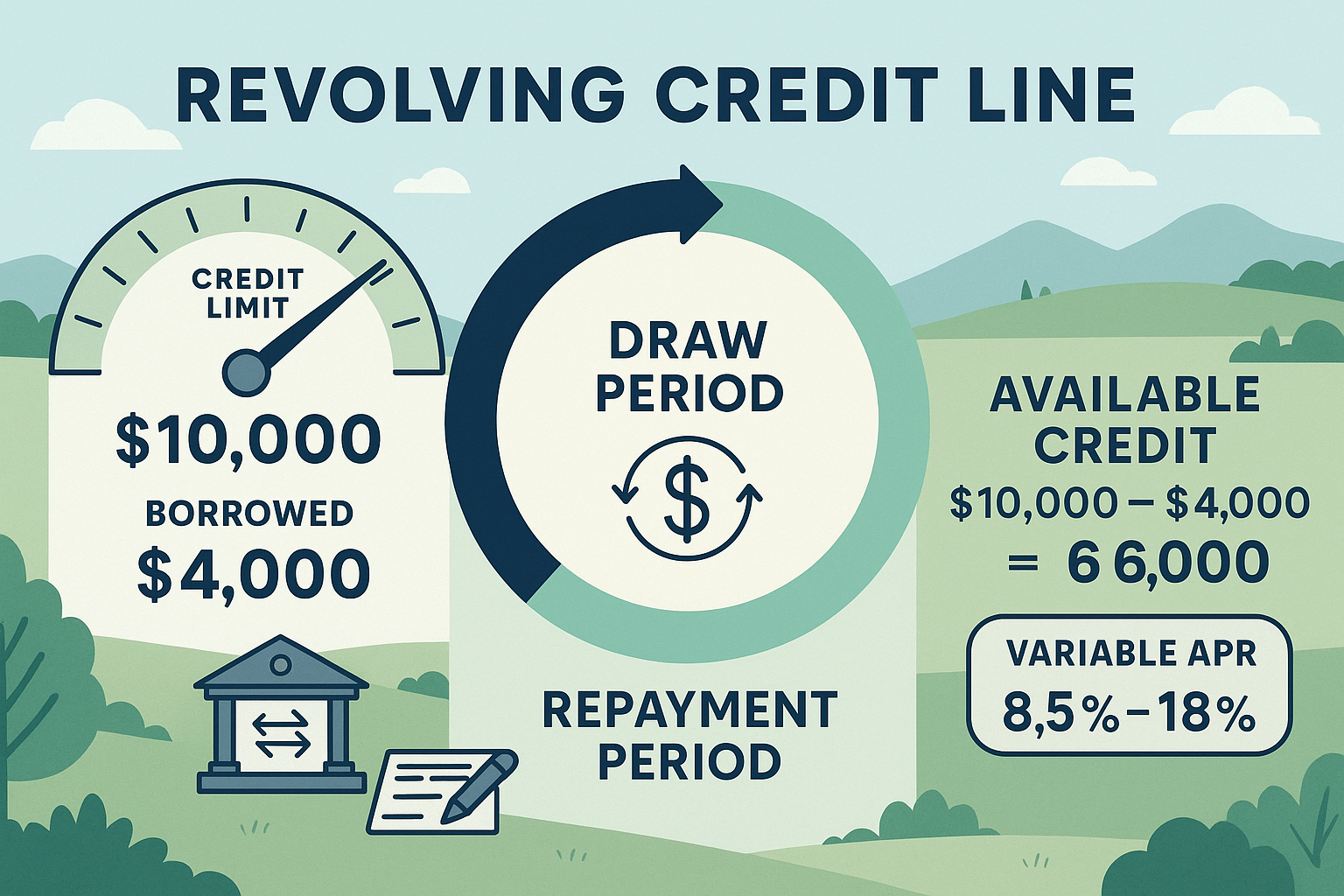 Detailed landscape infographic (1536x1024) illustrating revolving credit line mechanics with circular diagram showing draw period and repaym