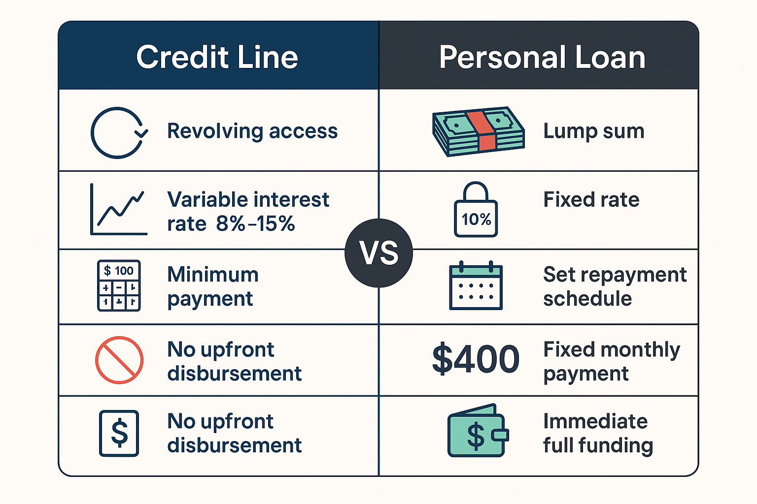 Comprehensive comparison table visualization (1536x1024) displaying Credit Line vs Personal Loan side-by-side analysis. Left column shows cr
