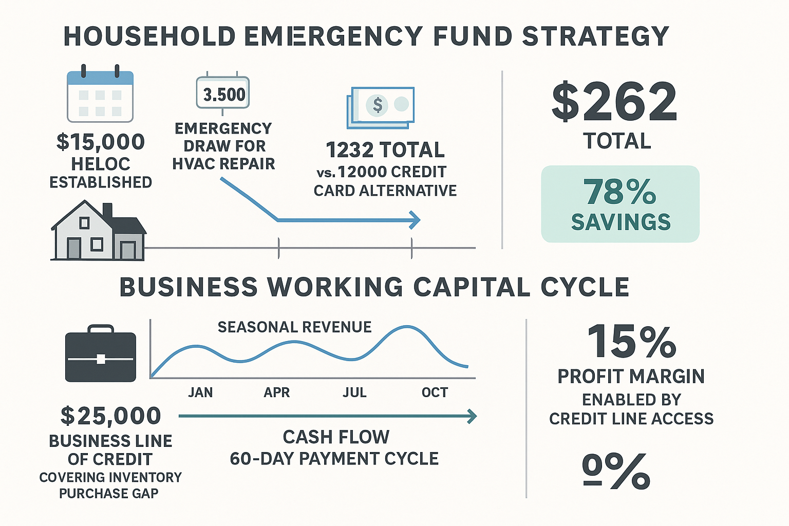 Real-world case study infographic (1536x1024) showing two scenarios: top half displays household emergency fund strategy with timeline showi