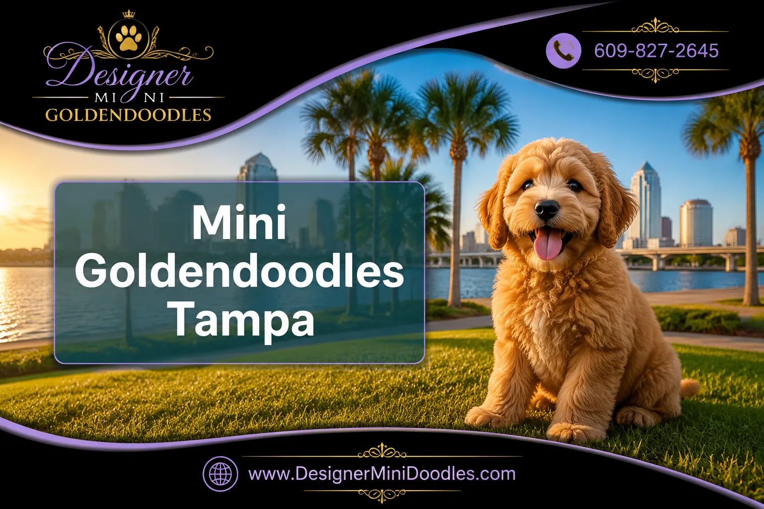 Professional () editorial hero image with 'Mini Goldendoodles Tampa' in crisp white modern on a semi-transparent teal panel,