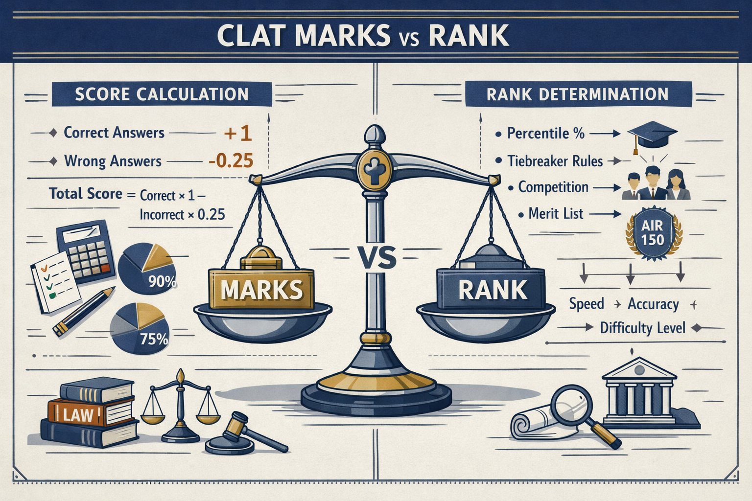 What is CLAT Marks vs Rank section graphic: Detailed conceptual illustration comparing CLAT examination performance measurement. Split-scree