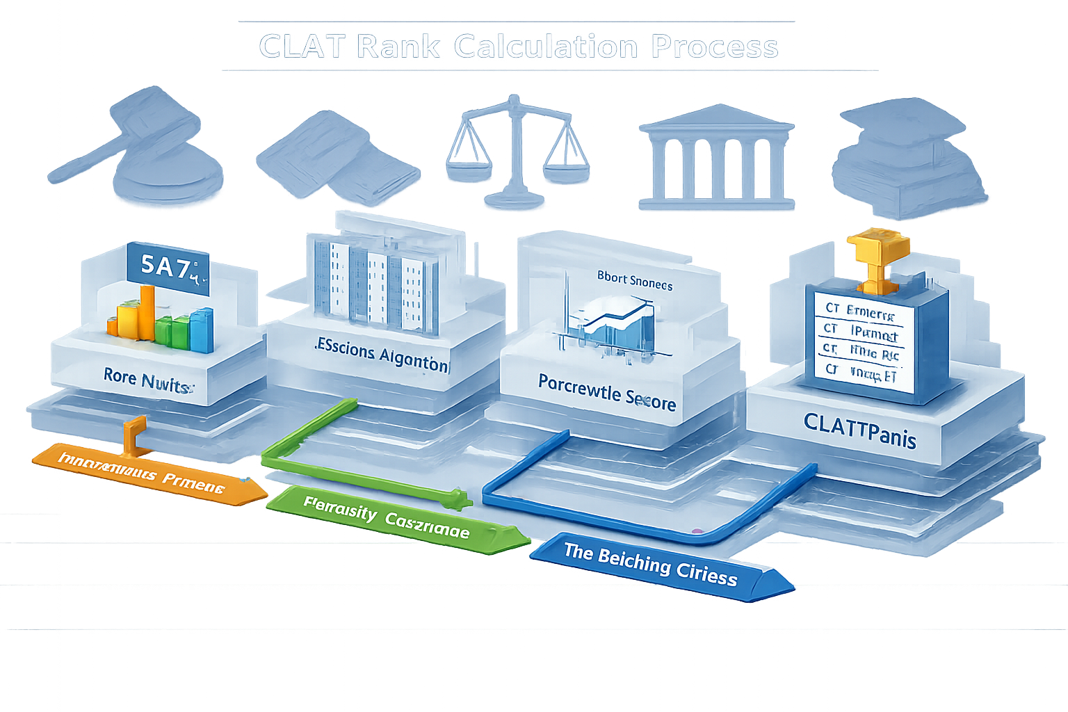 CLAT Rank Calculation Process visualization: Technical flowchart-style illustration mapping out step-by-step rank computation methodology. I