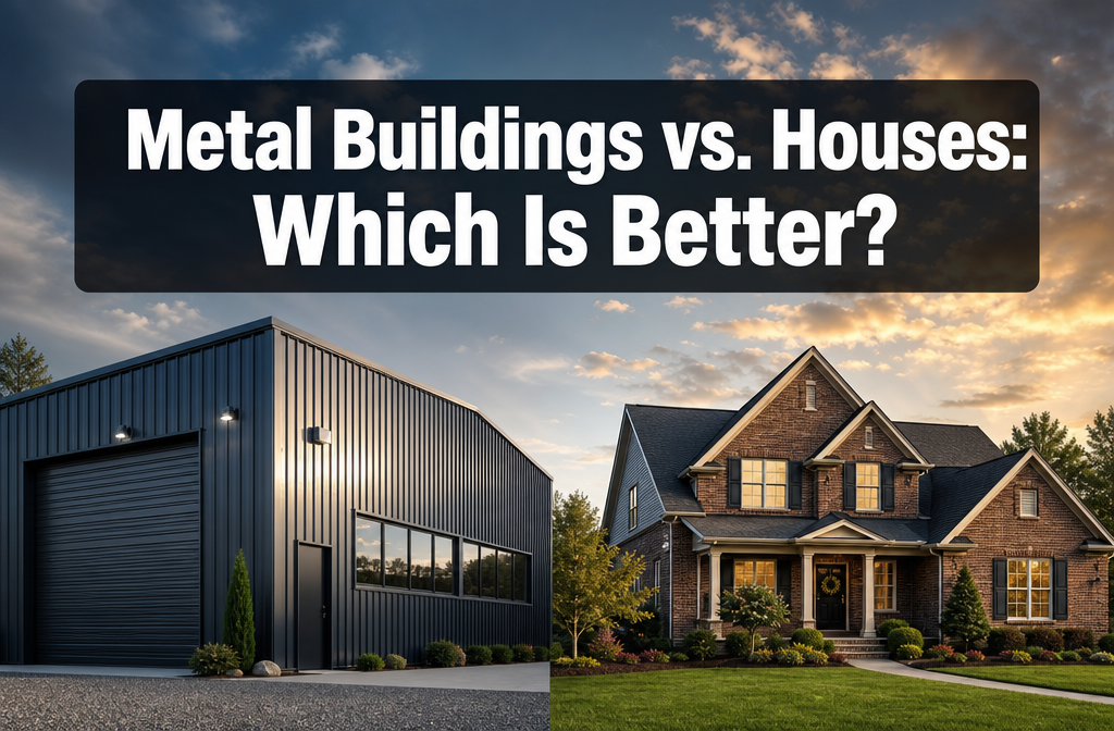 Professional () hero image with : 'Metal Buildings vs. Houses: Which Is Better?' in extra large white with dark