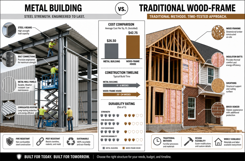 Detailed () editorial infographic illustration comparing metal building construction versus traditional wood-frame house