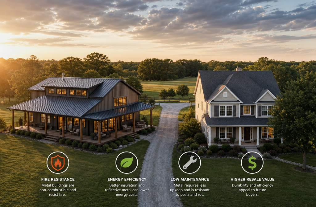 Detailed () photorealistic aerial drone perspective showing a rural property with a completed modern metal