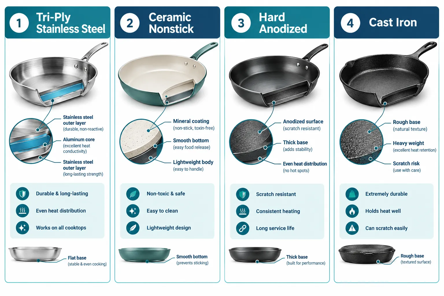 Four-panel labelled comparison guide (1536x1024) on a clean white background with teal and navy palette: Panel 1 labeled 'Tri-Ply Stainless Steel' showing cross-section diagram with callout lines pointing to aluminum core, stainless outer layers, flat base; Panel 2 labeled 'Ceramic Nonstick' with callout lines to mineral coating, smooth bottom, lightweight body; Panel 3 labeled 'Hard Anodized' with callouts to anodized surface, thick base, even heat distribution; Panel 4 labeled 'Cast Iron' with callout lines to rough base, heavy weight, scratch risk indicator. Each panel has 3-4 short bullet labels, thin callout lines, editorial infographic polish. What Makes a Pot or Pan Safe for Glass Top Stoves