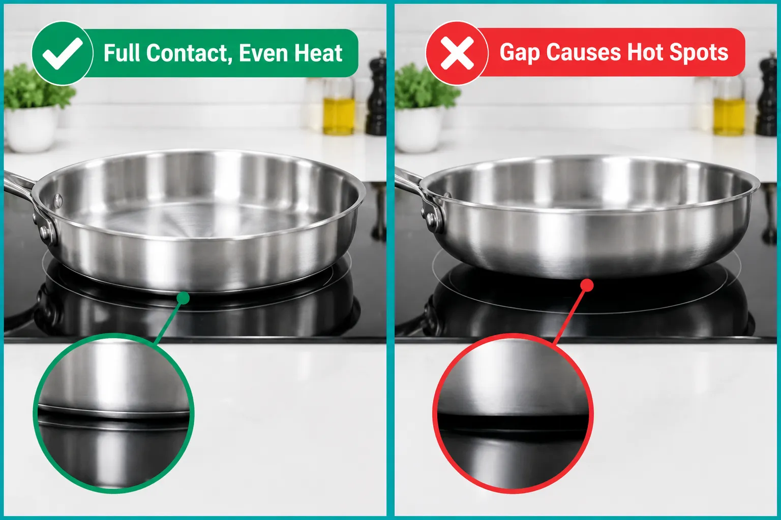 Split-screen annotated documentary photograph (1536x1024): left half shows a perfectly flat-bottomed stainless steel pan sitting flush on a glass cooktop with a green checkmark callout label 'Full Contact, Even Heat'; right half shows a warped or rounded-bottom pan with a gap visible between pan and glass surface, red callout label 'Gap Causes Hot Spots'. Bright overhead studio lighting, clean white kitchen counter, high-contrast editorial style, teal accent borders separating panels, short callout labels inside 5% safe margins. Do Glass Top Stoves Require Flat Bottom Pans