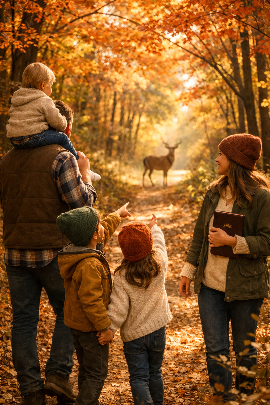 Portrait/Pinterest format () warm inviting scene of a family walking together on a forest trail in autumn, golden and red