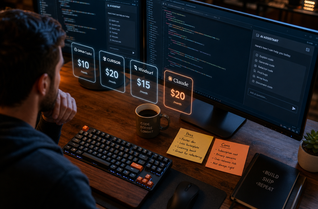 Detailed landscape format (1536x1024) developer workspace scene viewed from above at a 45-degree angle, showing a mechanical keyboard, multiple monitors displaying VS Code with AI assistant panels open, sticky notes with pros and cons written on them, a coffee mug, and floating holographic price tag icons showing dollar amounts for different AI coding subscriptions. Color palette: warm amber desk lighting, cool blue monitor glow, white and orange accents. Realistic editorial photography style with depth of field effect.