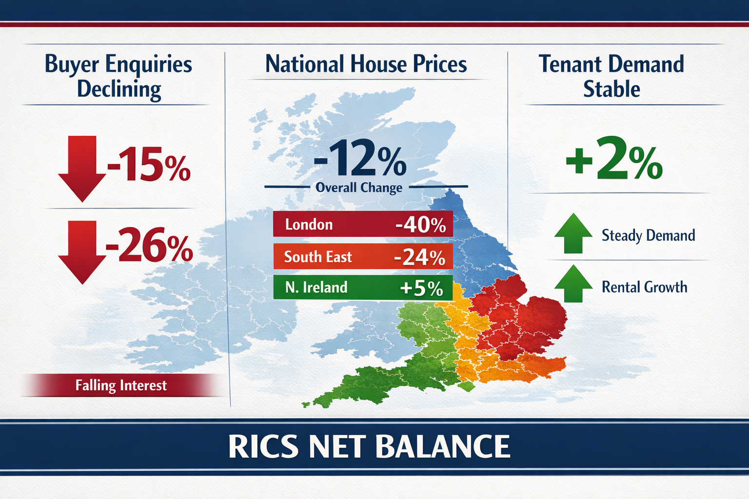 () detailed infographic showing RICS net balance data visualization with three distinct vertical sections: left panel
