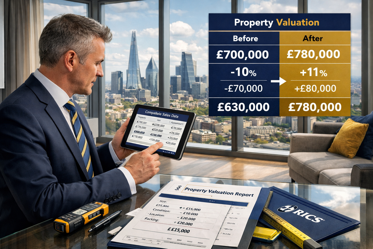 () detailed scene showing professional RICS chartered surveyor conducting property valuation in modern London flat interior,
