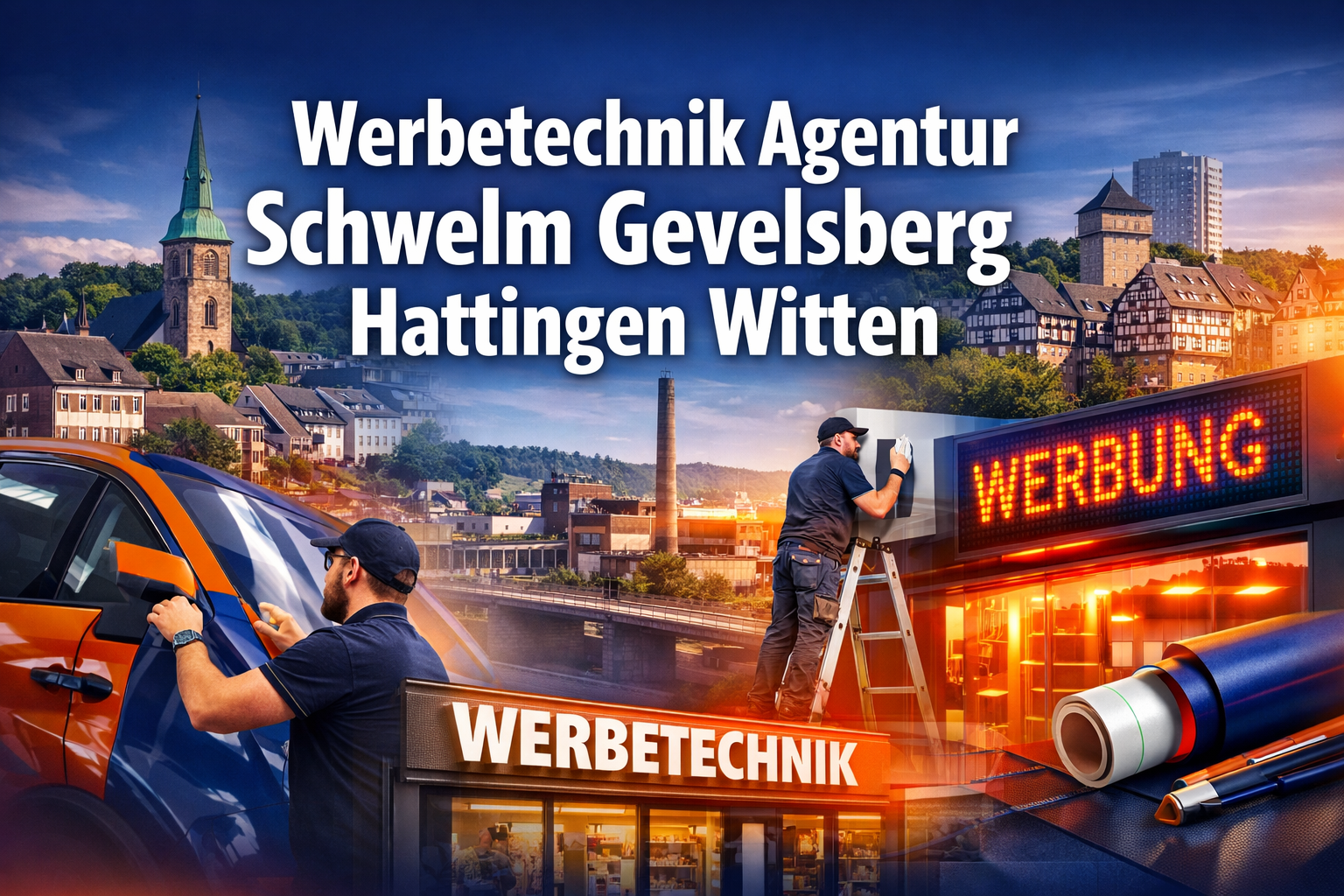 Professional landscape format (1536x1024) hero image featuring bold text overlay 'Werbetechnik Agentur Schwelm Gevelsberg Hattingen Witten'
