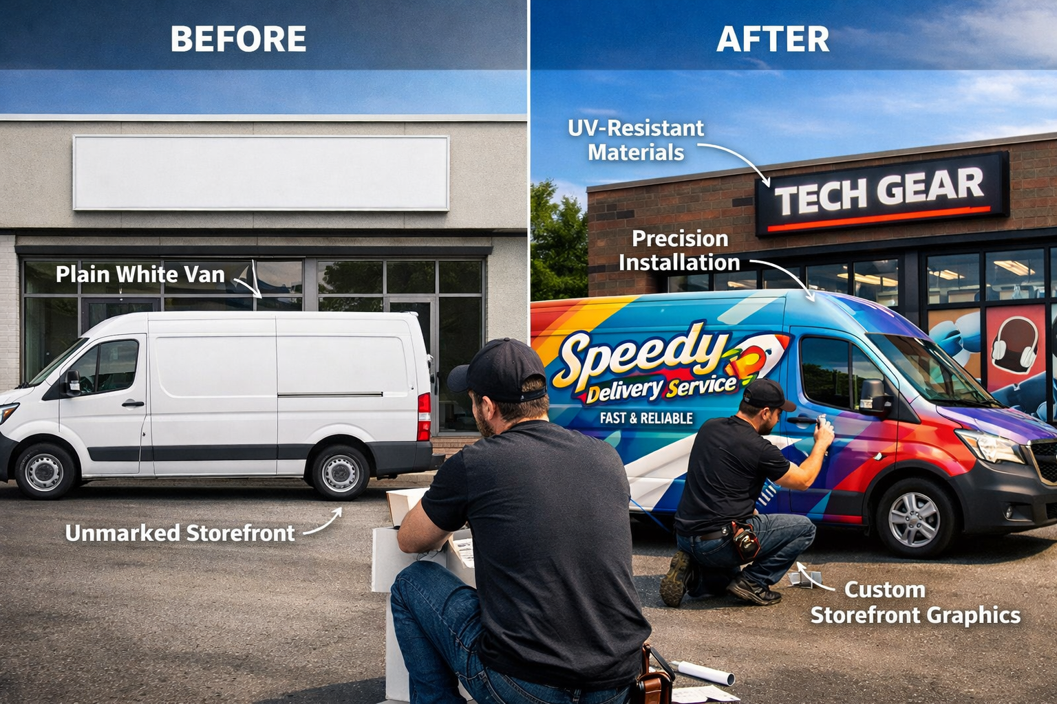 Landscape format (1536x1024) split-screen composition showing before-and-after transformation: left side displays plain white delivery van a