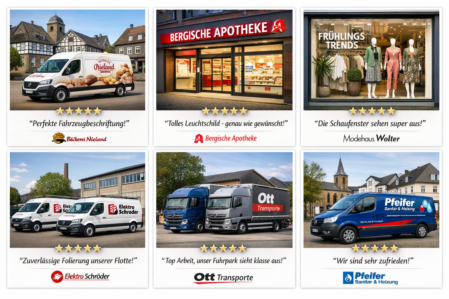 Landscape format (1536x1024) customer testimonial showcase featuring grid of six completed projects: wrapped delivery vans for local busines