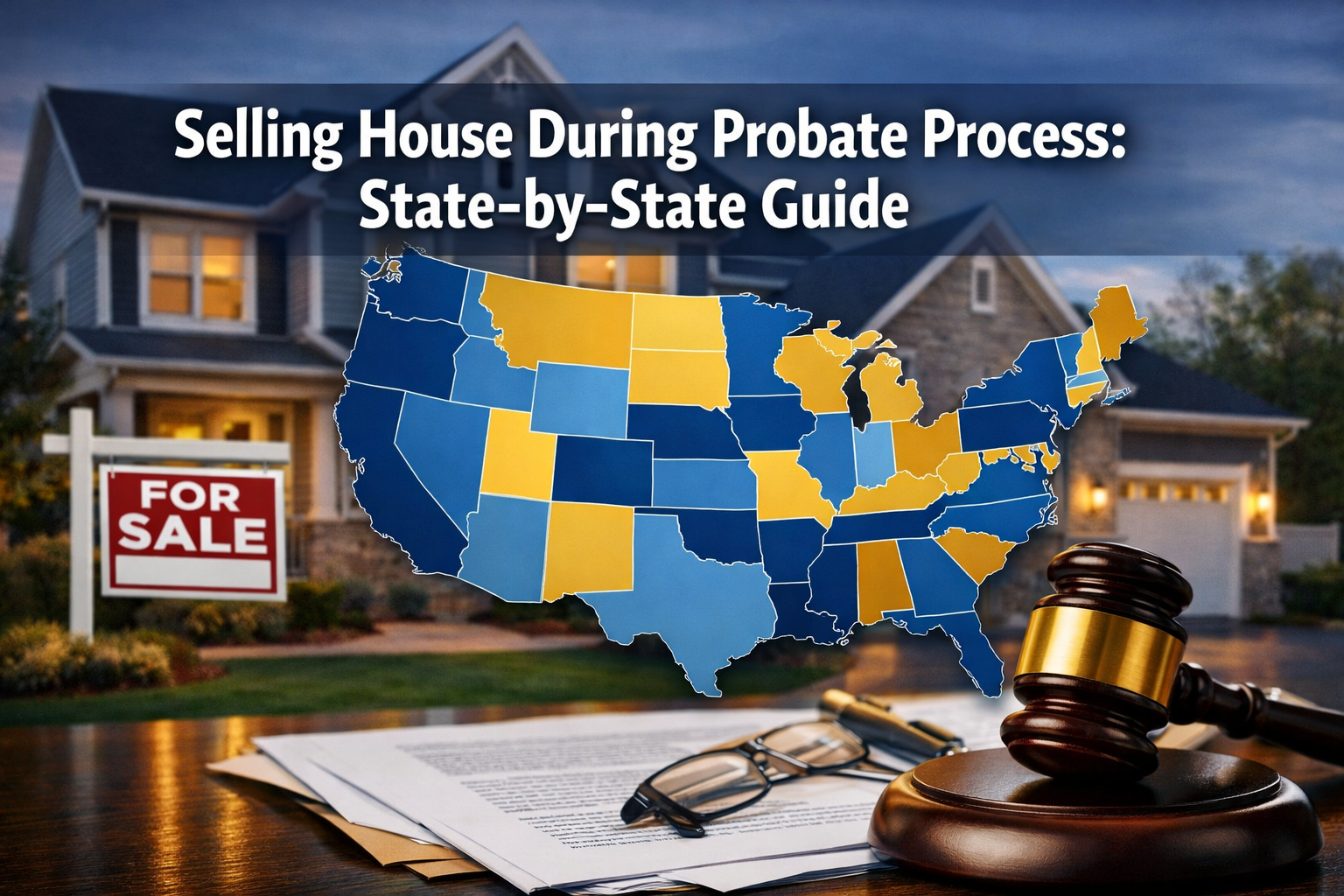 Professional landscape format (1536x1024) hero image featuring bold text overlay 'Selling House During Probate Process: State-by-State Guide