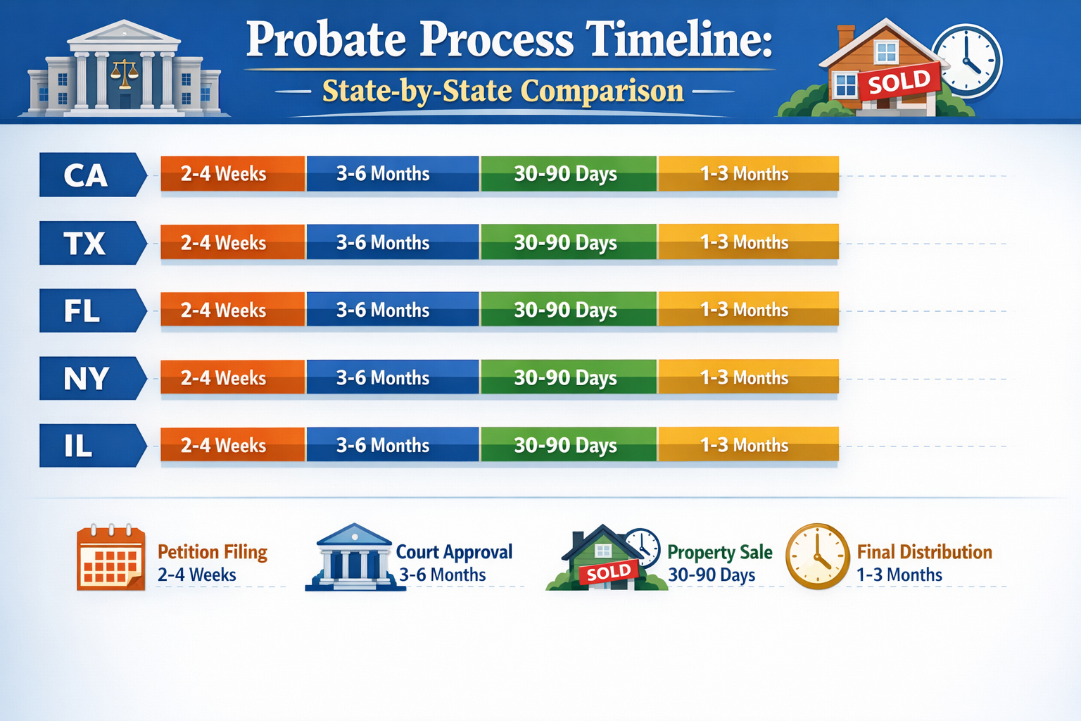 Landscape format (1536x1024) detailed infographic showing probate process timeline with state-by-state comparison, featuring horizontal time