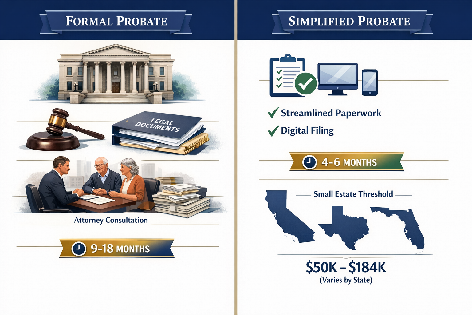 Landscape format (1536x1024) comprehensive visual guide showing split-screen comparison of formal probate versus simplified probate procedur